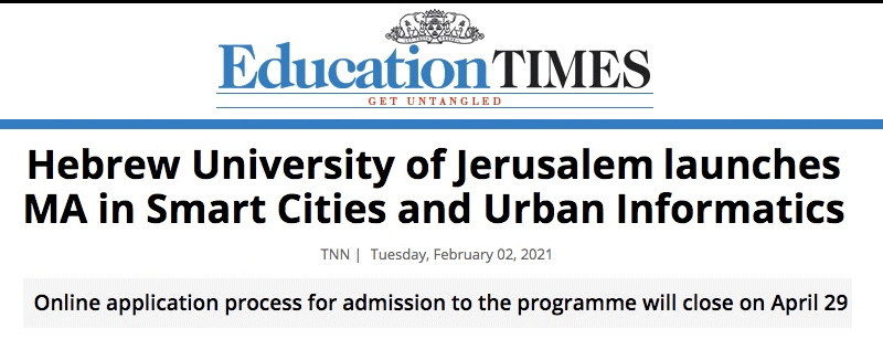 Education Times header - Hebrew University of Jerusalem launches MA in Smart Cities and Urban Informatics