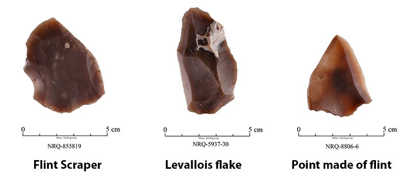Flint scraper, Levallois flake, and Point made of flint