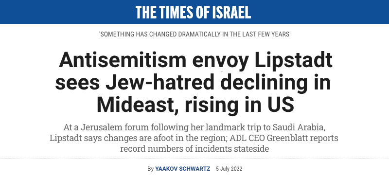 Antisemitism envoy Lipstadt sees Jew-hatred declining in Mideast, rising in US
At a Jerusalem forum following her landmark trip to Saudi Arabia, Lipstadt says changes are afoot in the region; ADL CEO Greenblatt reports record numbers of incidents stateside