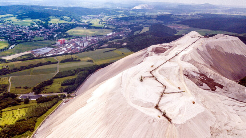 Aerial view of the huge Monte Kali salt mountain near Heringen, Germany.