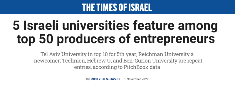 Header - 5 Israeli universities feature among top 50 producers of entrepreneurs - Tel Aviv University in top 10 for 5th year; Reichman University a newcomer; Technion, Hebrew U, and Ben-Gurion University are repeat entries, according to PitchBook data
