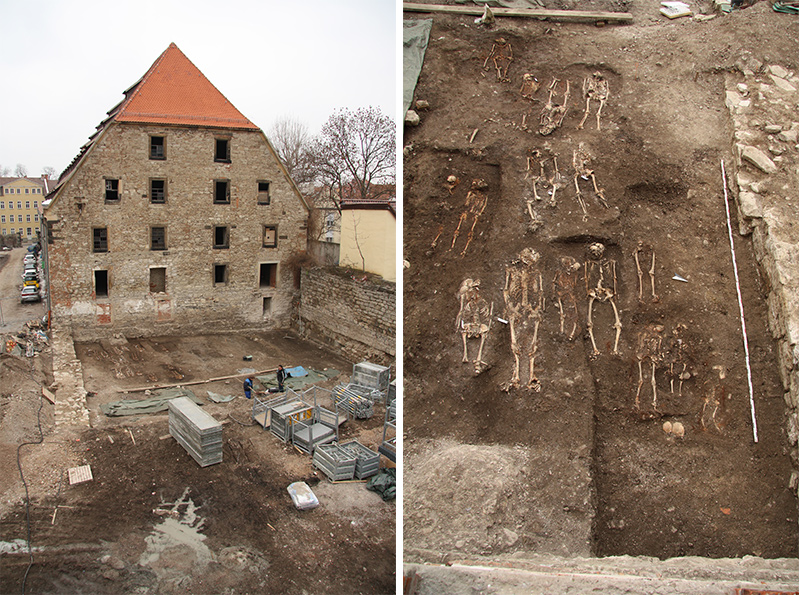 Construction of an access ramp to convert a 15th-century granary in Erfurt, Germany, into a parking garage. A rescue excavation uncovered graves of the Jewish cemetery underneath, from which the researchers collected detached teeth for an ancient DNA analysis. The skeletons were then reburied in the 19th-century Jewish cemetery.