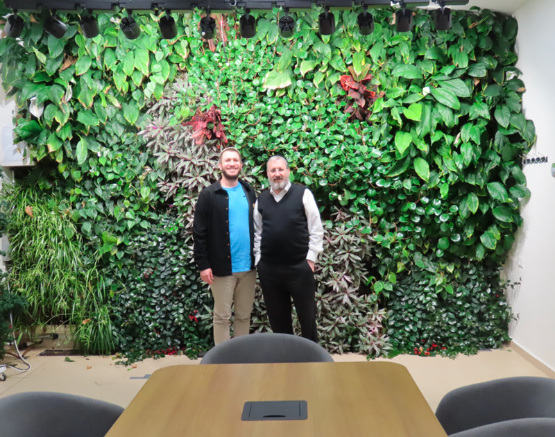 The Researchers Of This Study: Dr. David Helman (Right) and his student, Yehuda Yungstein (Left), in front of the vertical green-living wall in Helman's Modeling & Monitoring Vegetation Systems Lab (M&M-VS).