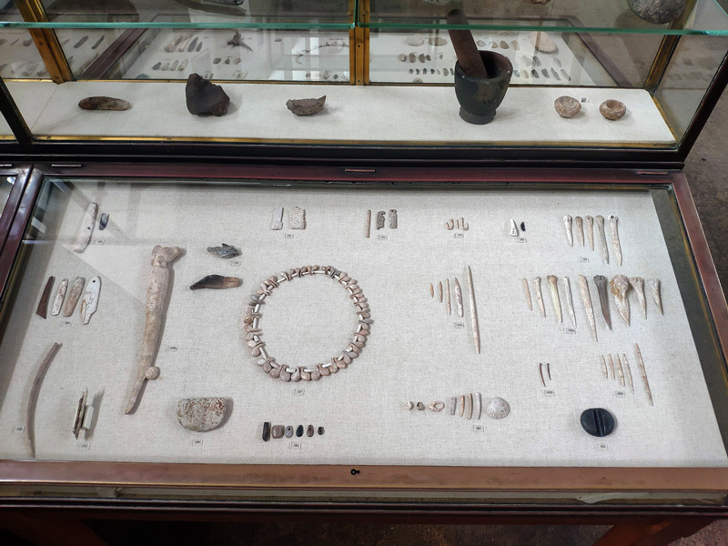 Showcase of Natufian artifacts (bone and shell ornaments, bone and stone tools) from Kebara and el-Wad Cave at the Rockefeller Archaeological Museum in Jerusalem