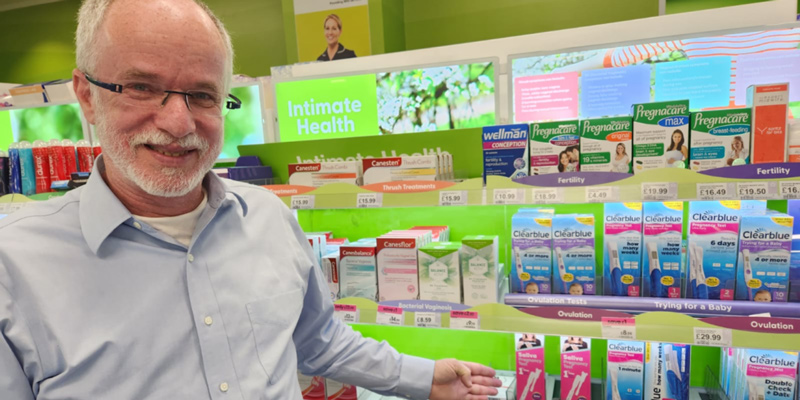 Prof. Aaron Palmon with his company’s product, Salistick, in a Superdrug store in London. 