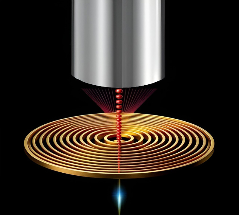 Fiber-Coupled Single-Photon Source: A quantum emitter centrally placed within a hybrid metal-dielectric bullseye antenna, designed for highly directional photon emission. The antenna's unique structure allows photons to be efficiently coupled directly into an optical fiber, showcasing a pivotal enhancement in quantum photonics technology with implications for secure communication and advanced quantum computing applications.