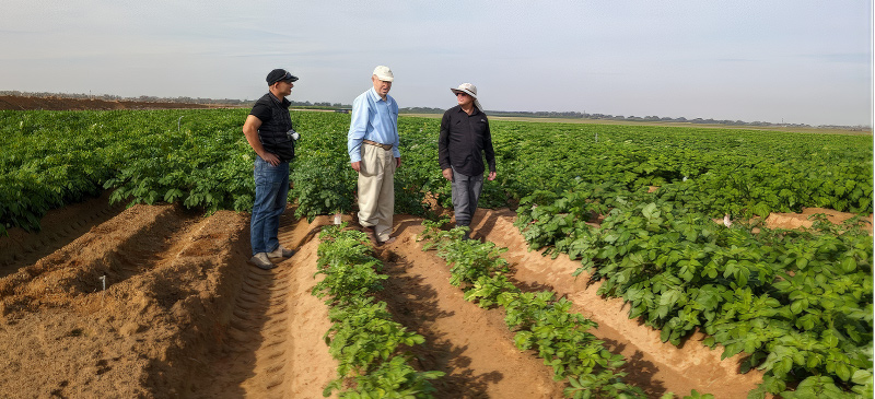 The RumaFeed varieties experimental plot between Orim and Ze'elim, featuring (from right to left) Arnon Rosenbaum - CEO, Haim Rabinovitch - Company Scientist, and Or Eldan - Assistant to the CEO.