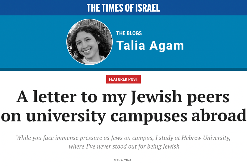 Times of Israel header - A letter to my Jewish peers on university campuses abroad