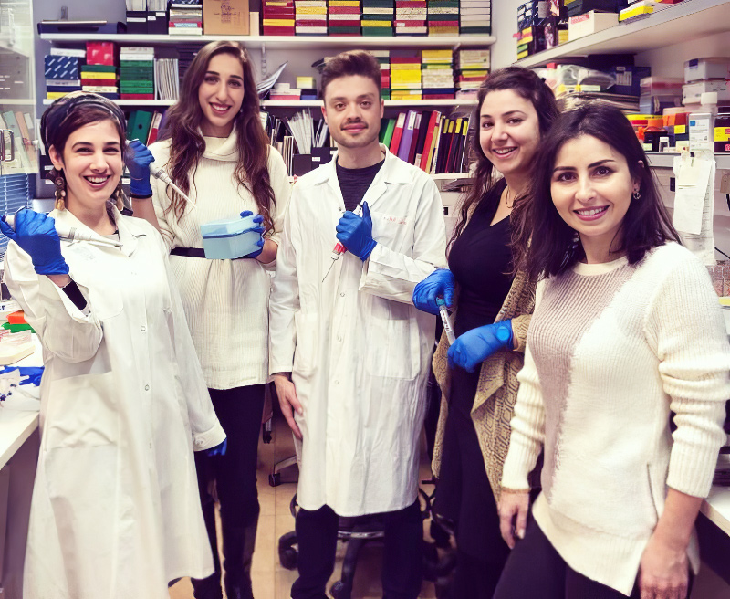 Jamie Magrill (centre) and members of the Dor Lab at the Hebrew University of Jerusalem, working hard in the lab and making scientific discoveries!