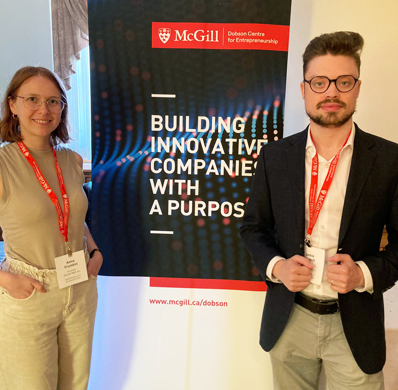 Jamie Magrill (right) and Anna Frumkin (left), CSO and CEO of DECAP R&D respectively, at an investor pitch event at McGill University, hosted by the McGill Dobson Centre for Entrepreneurship.