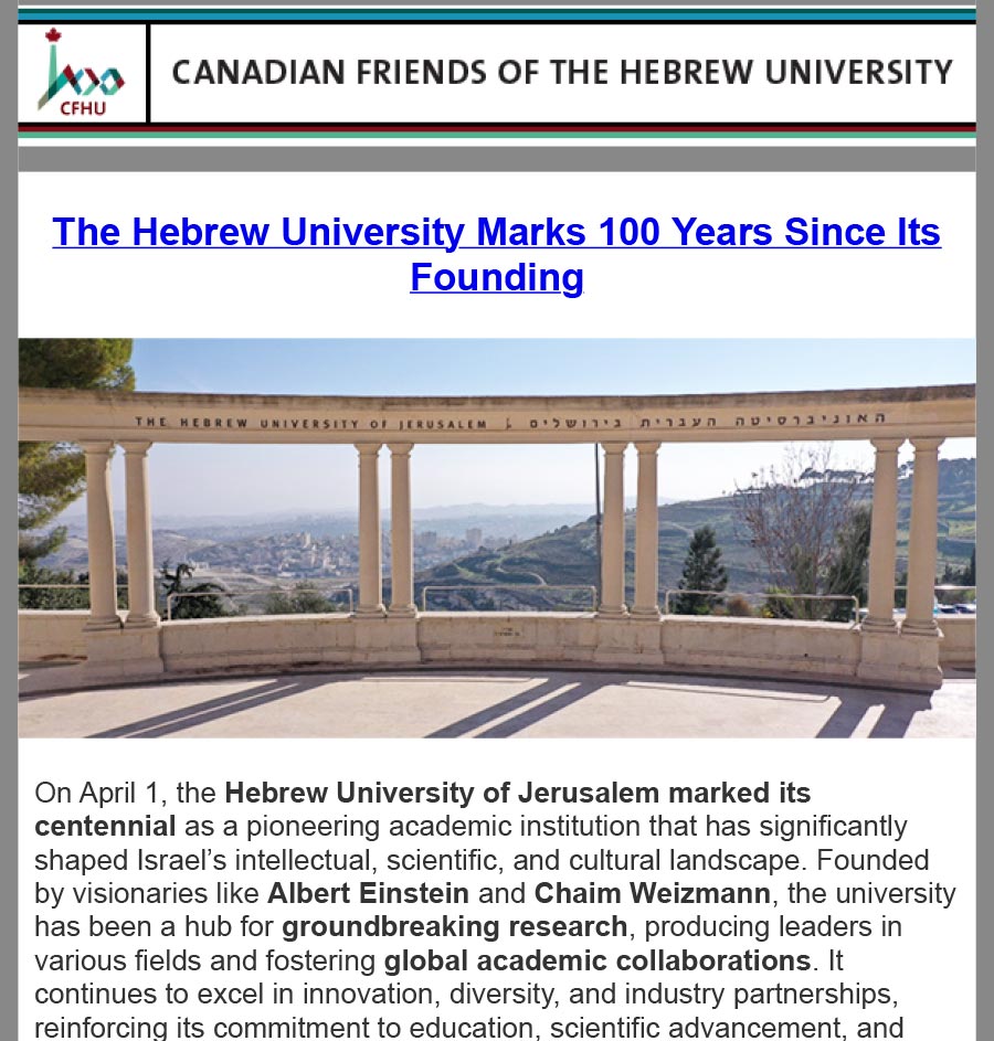 CFHU April Newsletter: 100 Years of HU, In Memory, Film, Webinar, BOG, Discoveries, Awards & more!