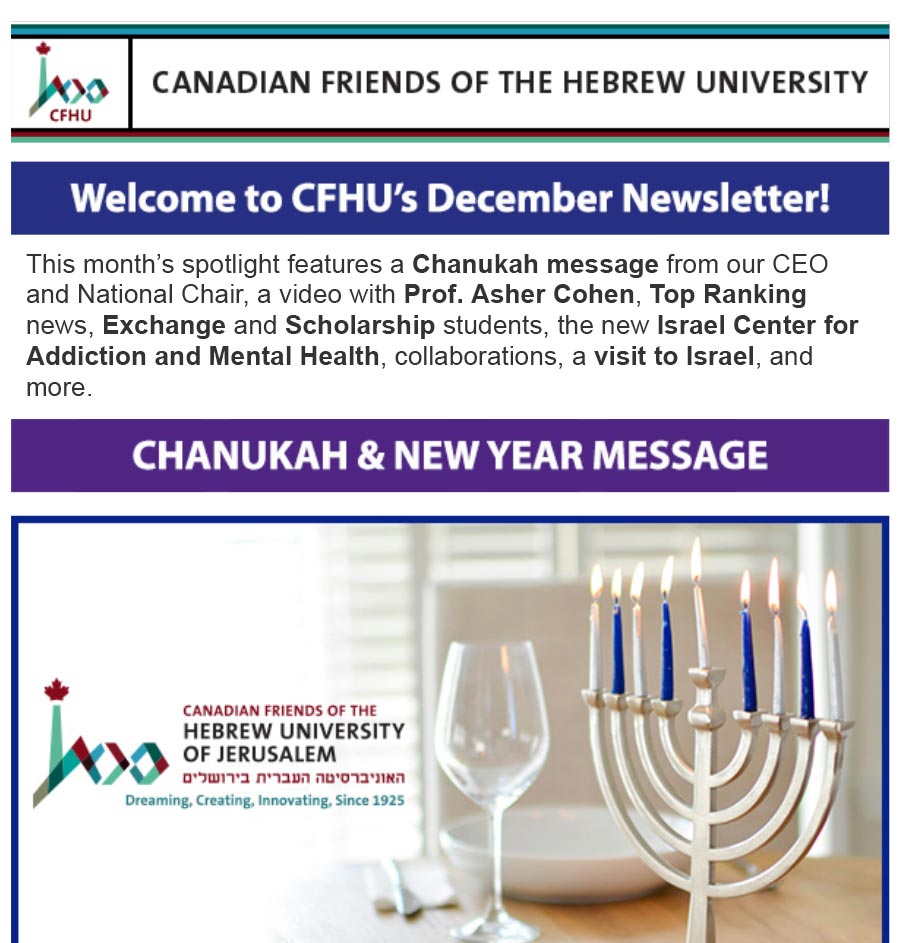 CFHU December Newsletter – Chanukah, Video, Top Ranking, Student Spotlights, Collaborations & more!